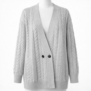 Naadam Cashmere Wool Chunky Cable Knit Heavy Cardigan Sweater Grey Button Luxury